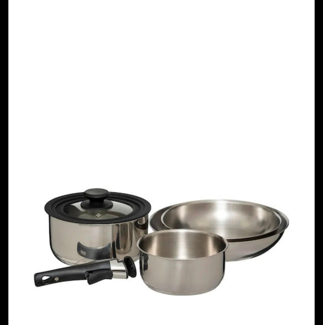Set di pentole con manico removibile in acciaio inox 6 pezzi